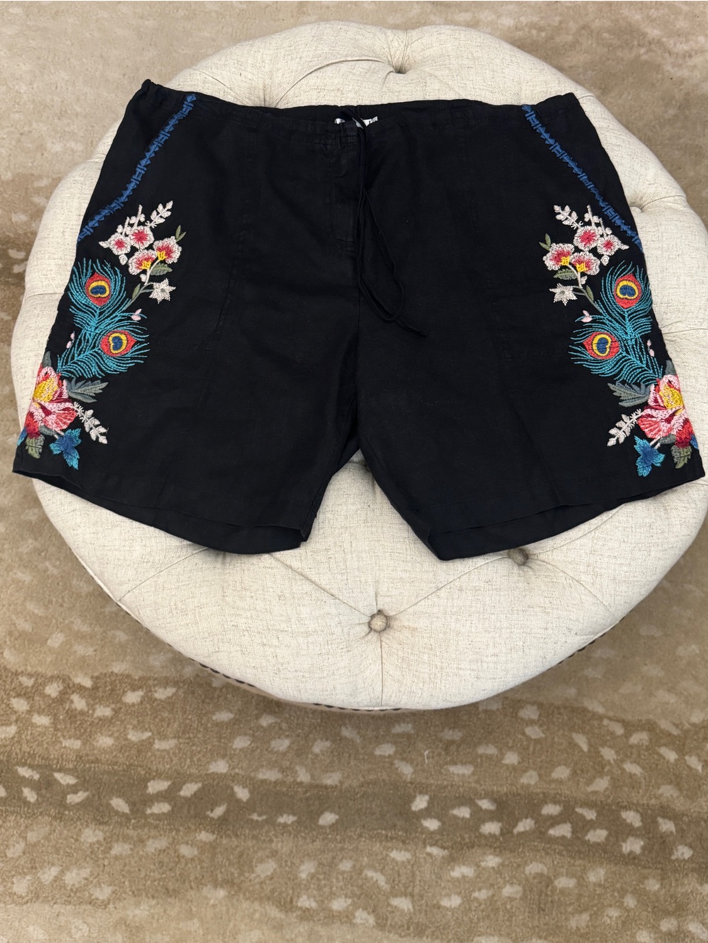 Johnny Was linen black floral embroidered shorts